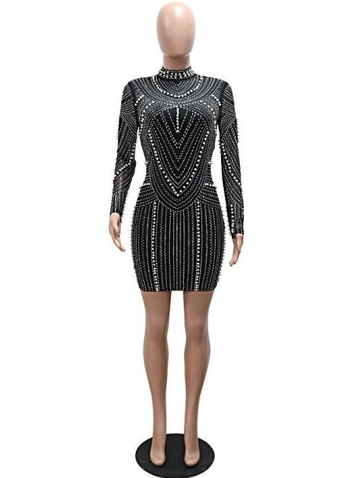 Gorgeous Rhinestones Crewneck Long Sleeve Party Mini Dress