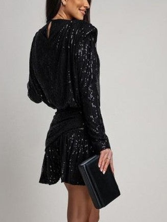 Gorgeous Sequin Irregular Ruffle Black Mini Dress