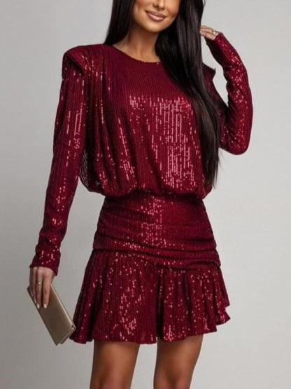 Gorgeous Sequin Irregular Ruffle Burgundy Mini Dress