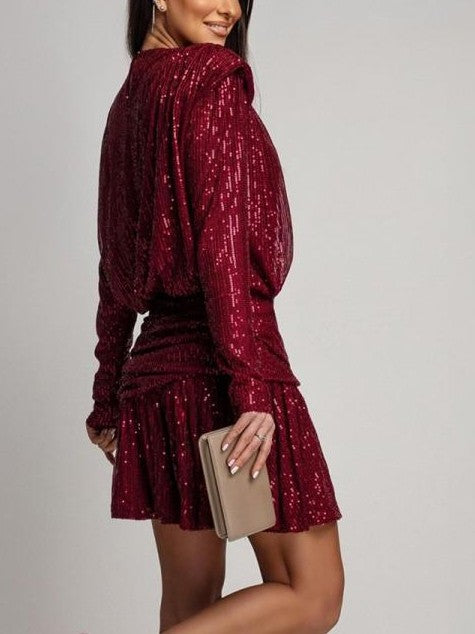 Gorgeous Sequin Irregular Ruffle Burgundy Mini Dress