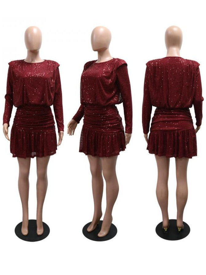 Gorgeous Sequin Irregular Ruffle Burgundy Mini Dress