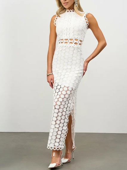 Gorgeous White Crew Neck Laser Lace Sleeveless Slit Dress