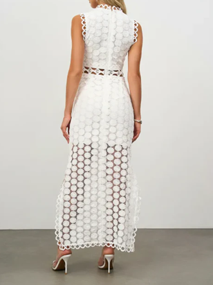 Gorgeous White Crew Neck Laser Lace Sleeveless Slit Dress