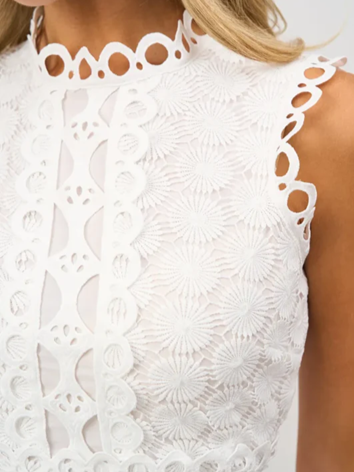 Gorgeous White Crew Neck Laser Lace Sleeveless Slit Dress