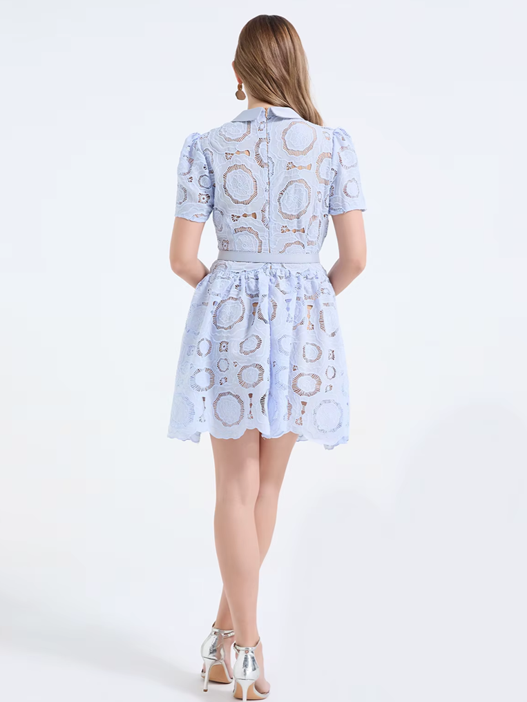 Lovely High Waist Hollow Out Lace Blue Dress