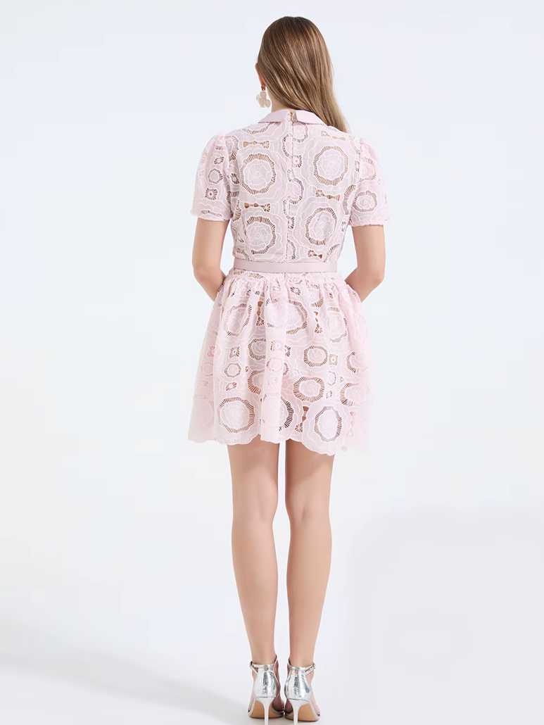 Lovely High Waist Hollow Out Lace Pink Dress