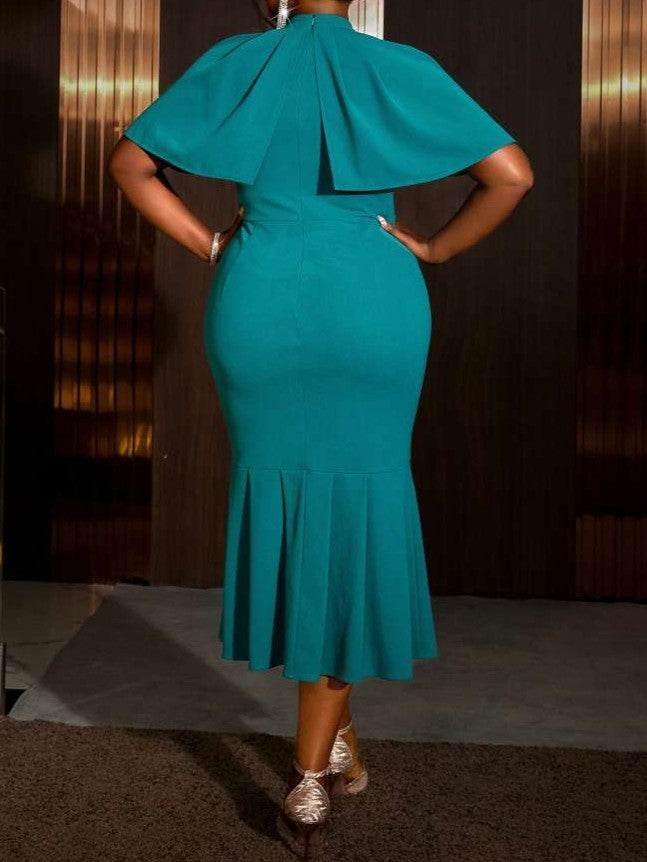 Lovely Solid Ruffle Cape Sleeve Green Dress