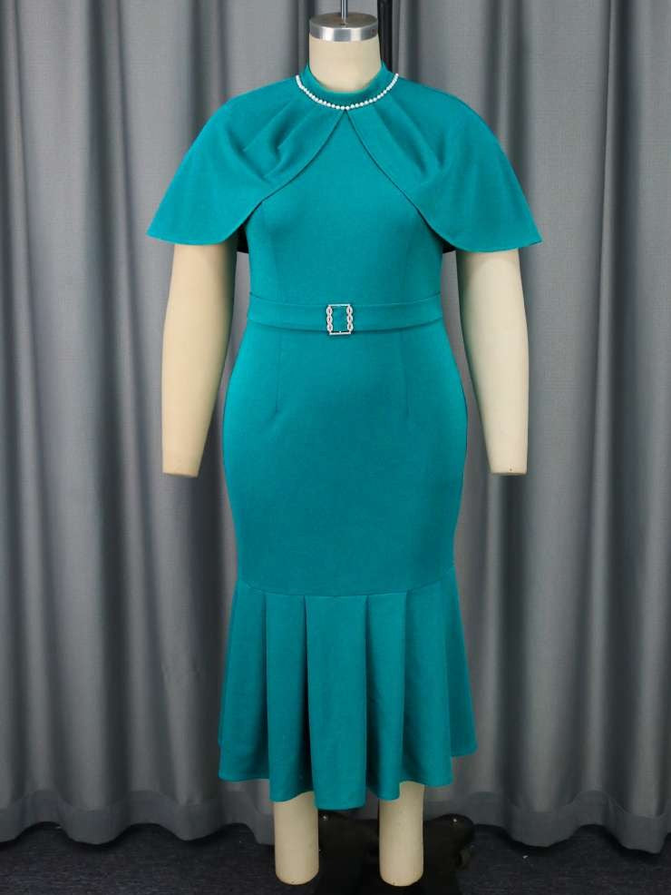 Lovely Solid Ruffle Cape Sleeve Green Dress