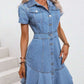 Modern Solid Shirt Collar Denim Blue Dress