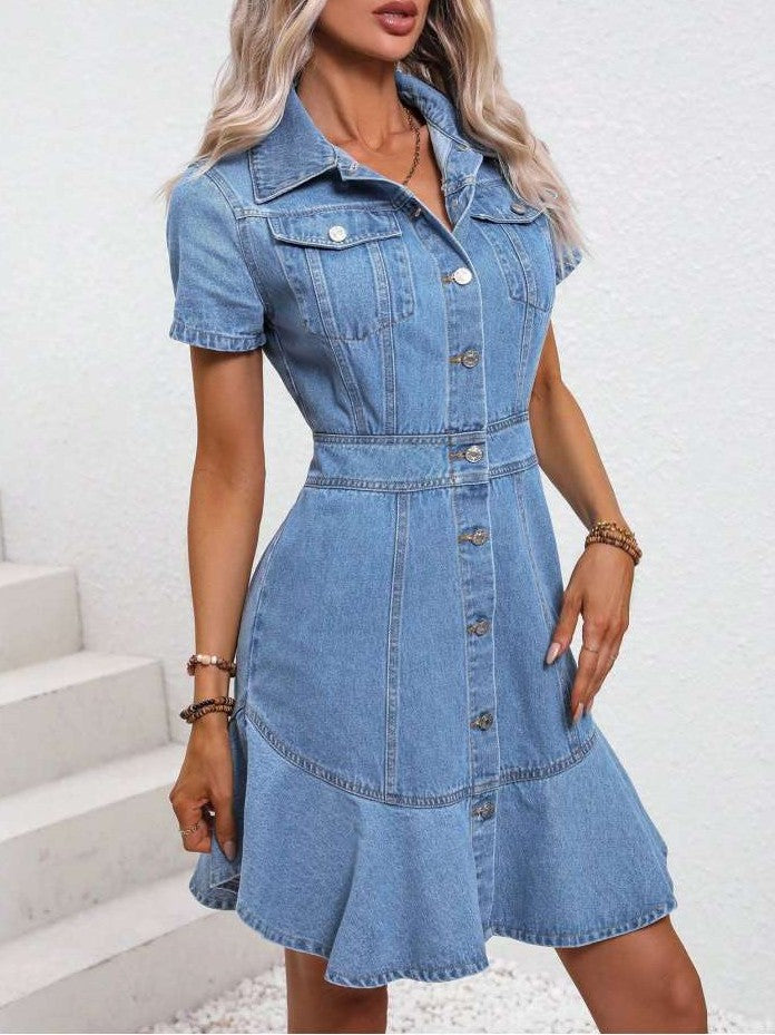 Modern Solid Shirt Collar Denim Blue Dress