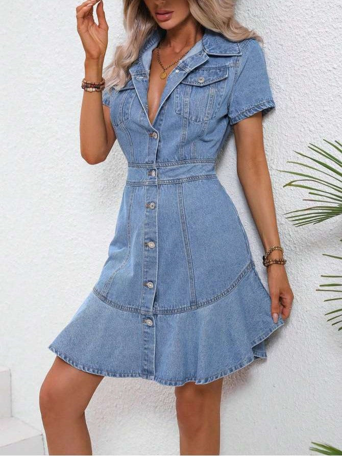 Modern Solid Shirt Collar Denim Blue Dress