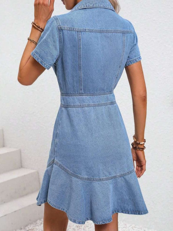 Modern Solid Shirt Collar Denim Blue Dress
