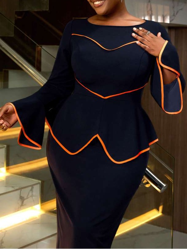 Modernist Contrast Color Ruffle Long Sleeve Blue Dress