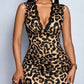 Modish Lace Panel V Neck Sleeveless Animal Print Brown Midi Dress