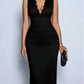 Modish Lace Panel V Neck Sleeveless Black Midi Dress - Ships in 24 Hrs