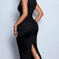 Modish Lace Panel V Neck Sleeveless Black Midi Dress