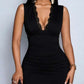 Modish Lace Panel V Neck Sleeveless Black Midi Dress
