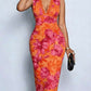 Modish Lace Panel V Neck Sleeveless Orange Midi Dress