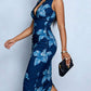 Modish Lace Panel V Neck Sleeveless Blue Midi Dress