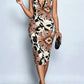 Modish Lace Panel V Neck Sleeveless Floral Print Khaki Midi Dress