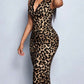 Modish Lace Panel V Neck Sleeveless Animal Print Brown Midi Dress