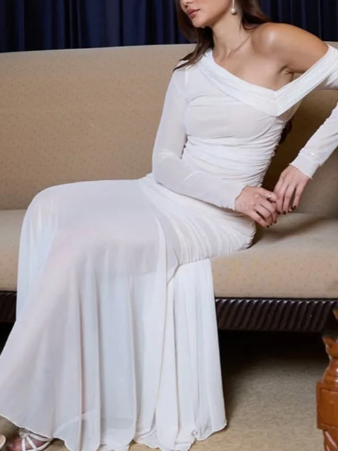 Modish One Shoulder Draped White Maxi Dress