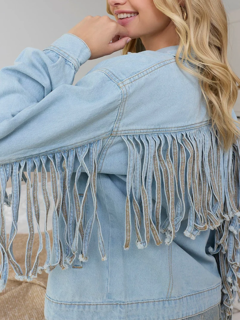New Arrival Denim Light Washed Fringed Winter Jacket