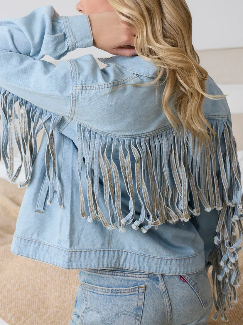 New Arrival Denim Light Washed Fringed Winter Jacket