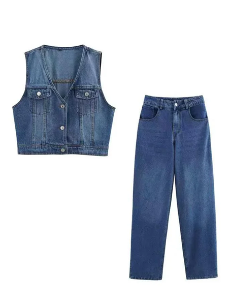 New Arrival Denim Vest Top With Pants Co ord Set