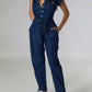 New Arrival Eyelets Denim Lace Up Sleeveless Jumpsuit