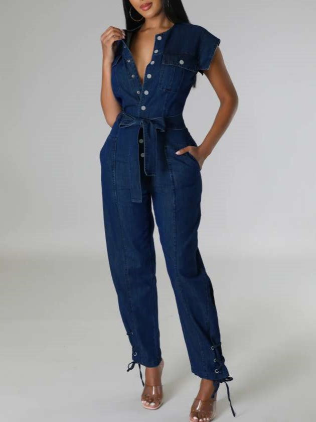 New Arrival Eyelets Denim Lace Up Sleeveless Jumpsuit