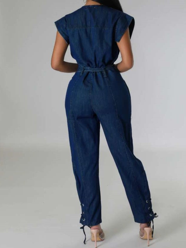 New Arrival Eyelets Denim Lace Up Sleeveless Jumpsuit