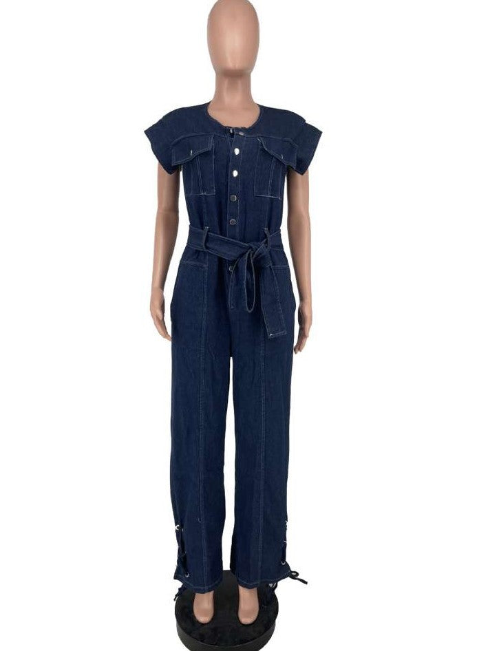 New Arrival Eyelets Denim Lace Up Sleeveless Jumpsuit