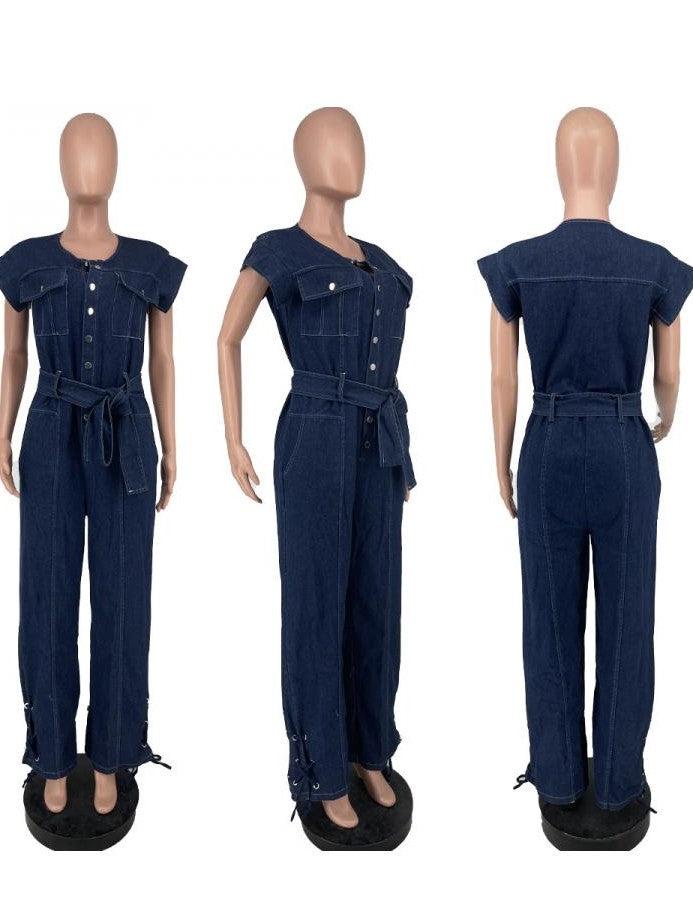 New Arrival Eyelets Denim Lace Up Sleeveless Jumpsuit