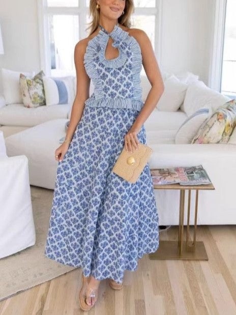 New Arrival Halter Neck Backless Blue Maxi Dress
