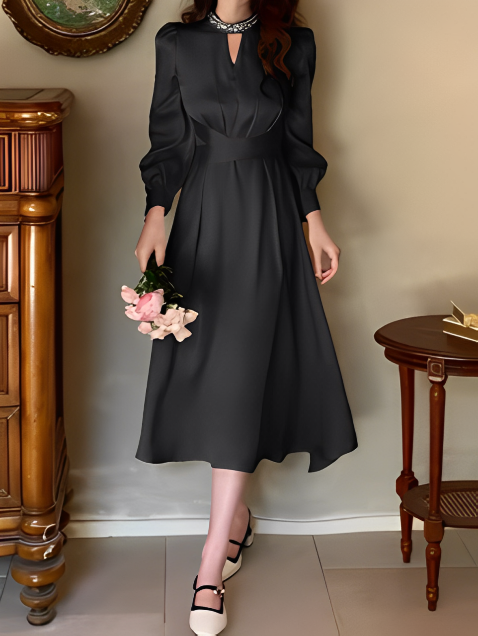 New Arrival Satin Beam Long Black Dress