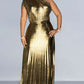Party Fashion Metallic One Shoulder Pleated Gold Maxi Dress