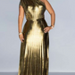 Party Fashion Metallic One Shoulder Pleated Gold Maxi Dress