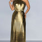 Party Fashion Metallic One Shoulder Pleated Gold Maxi Dress