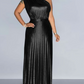 Party Fashion Metallic One Shoulder Pleated Maxi Dress