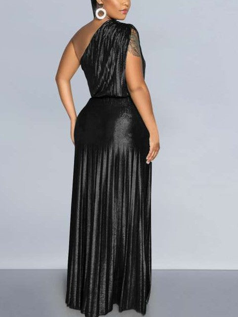 Party Fashion Metallic One Shoulder Pleated Maxi Dress