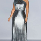 Party Fashion Metallic One Shoulder Pleated Silver Maxi Dress