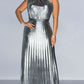Party Fashion Metallic One Shoulder Pleated Silver Maxi Dress