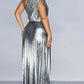 Party Fashion Metallic One Shoulder Pleated Silver Maxi Dress