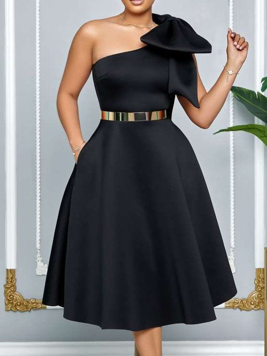 Party Fashion One Shoulder Bow Swing Black Midi Dress