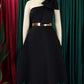 Party Fashion One Shoulder Bow Swing Black Midi Dress