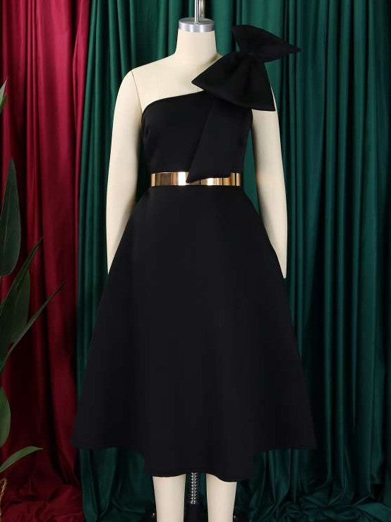 Party Fashion One Shoulder Bow Swing Black Midi Dress