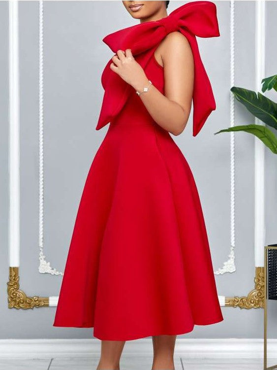 Party Fashion One Shoulder Bow Swing Red Midi Dress