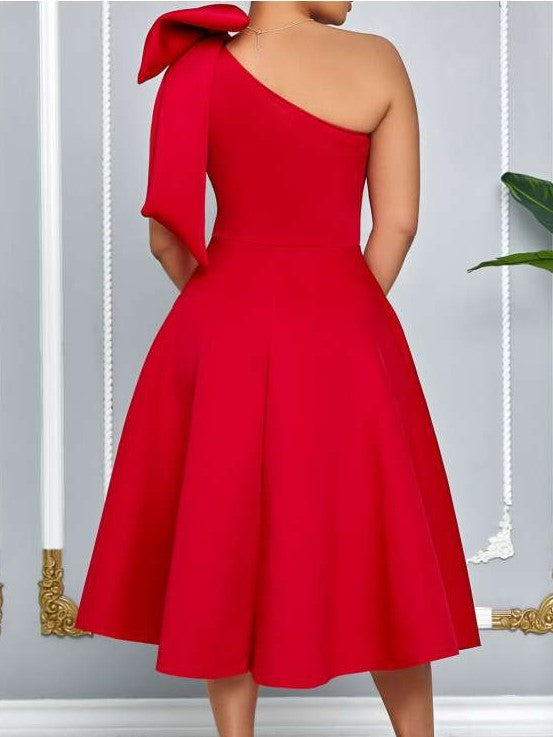 Party Fashion One Shoulder Bow Swing Red Midi Dress