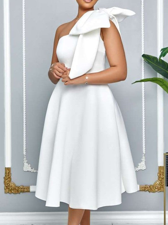 Party Fashion One Shoulder Bow Swing White Midi Dress